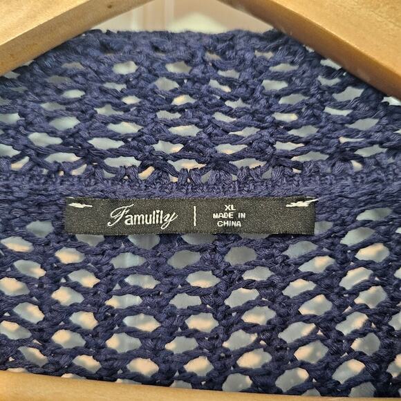 Crochet Knitted Blouse Womens XL Blue Button Top Short Sleeve Sheer Boho Indie - Picture 6 of 9